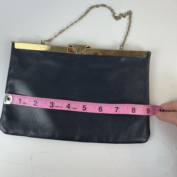 1960s minimalist glam navy leather clutch Etra gold frame evening bag - Picture 14 of 16